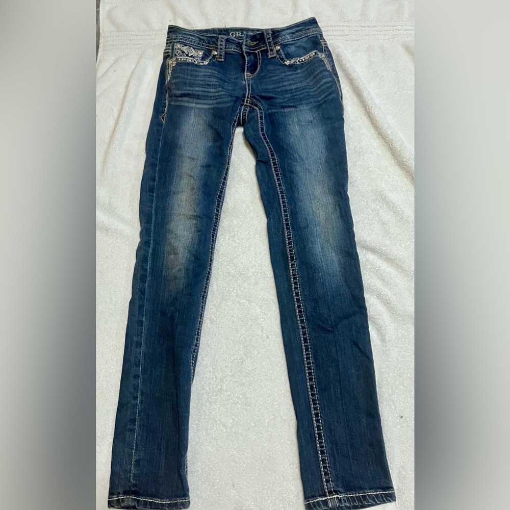 Grace in LA Bedazzled Y2k Blue Low Rise Skinny Jeans